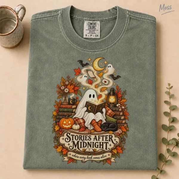 Stories After Midnight Ghost, Magical Halloween Book Lover — alternate product mockup ghost reading book shirt t-shirt product photo