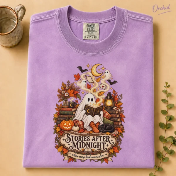 Stories After Midnight Ghost, Magical Halloween Book Lover — alternate product mockup ghost reading book shirt t-shirt product photo