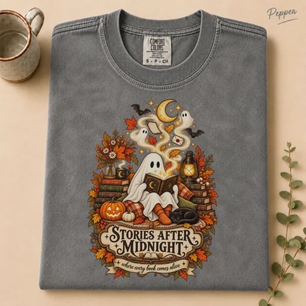 Stories After Midnight Ghost, Magical Halloween Book Lover — alternate product mockup ghost reading book shirt t-shirt product photo