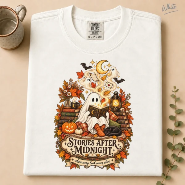 Stories After Midnight Ghost, Magical Halloween Book Lover — alternate product mockup ghost reading book shirt t-shirt product photo