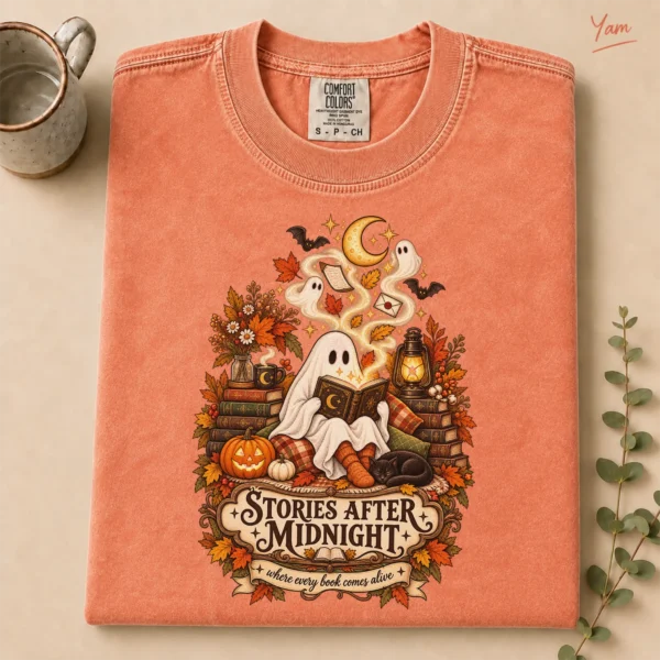 Stories After Midnight Ghost, Magical Halloween Book Lover — alternate product mockup ghost reading book shirt t-shirt product photo