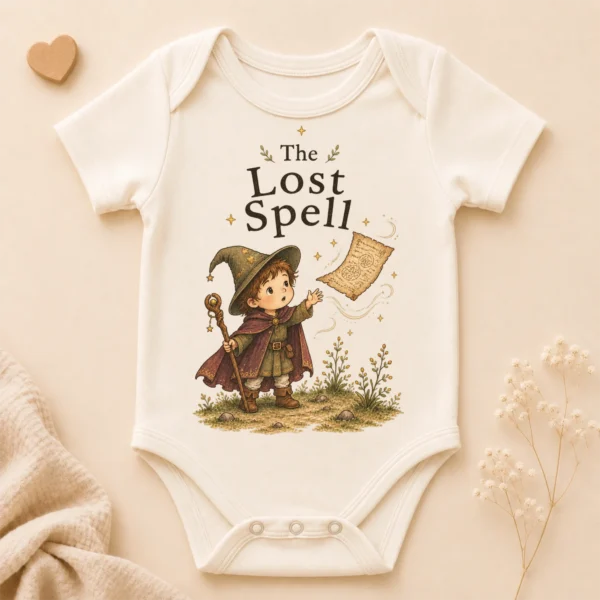 The Lost Spell Baby Bodysuit or Toddler Shirt — product mockup the lost spell baby bodysuit front view