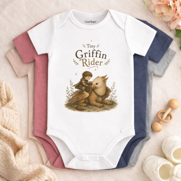 Tiny Griffin Rider Baby Bodysuit, Boy or Girl Fantasy — baby bodysuit mockup tiny griffin rider baby bodysuit color options
