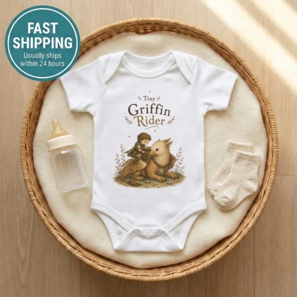 Tiny Griffin Rider Baby Bodysuit, Boy or Girl Fantasy — baby bodysuit mockup tiny griffin rider baby bodysuit front view