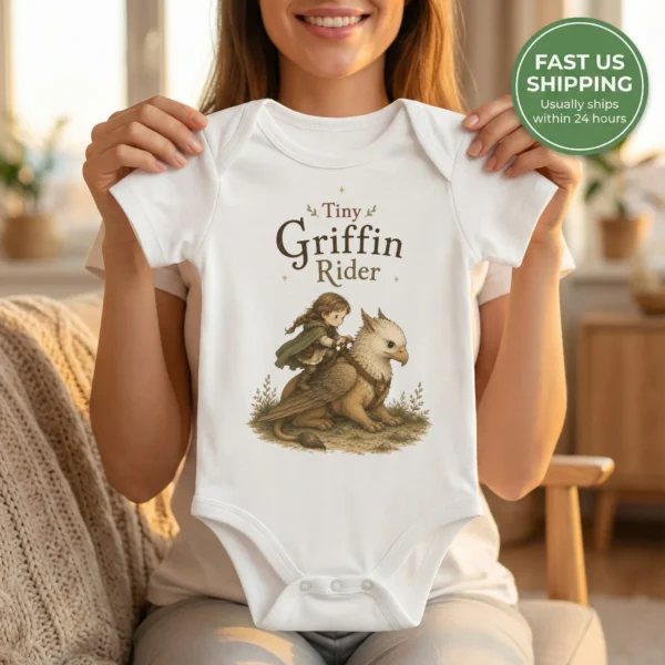Tiny Griffin Rider Baby Bodysuit, Boy or Girl Fantasy — baby bodysuit mockup tiny griffin rider baby bodysuit front view