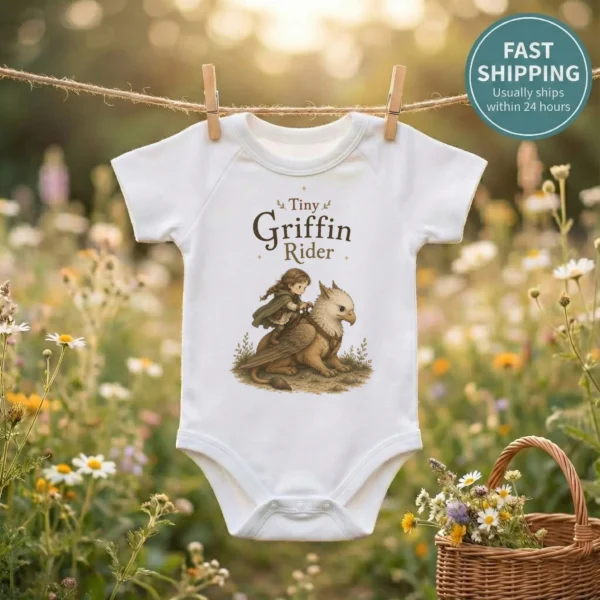Tiny Griffin Rider Baby Bodysuit, Boy or Girl Fantasy — baby bodysuit mockup tiny griffin rider baby bodysuit mockup view