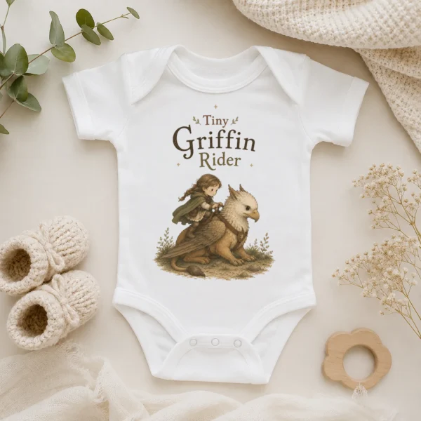 Tiny Griffin Rider Baby Bodysuit, Boy or Girl Fantasy — alternate product mockup tiny griffin rider baby bodysuit product detail