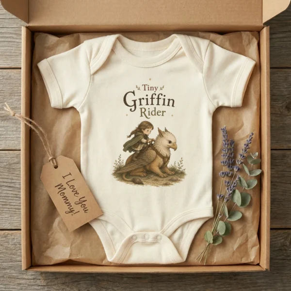 Tiny Griffin Rider Baby Bodysuit, Boy or Girl Fantasy — baby bodysuit mockup tiny griffin rider baby bodysuit lifestyle scene