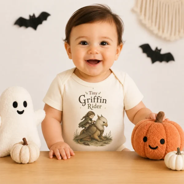 Tiny Griffin Rider Baby Bodysuit, Boy or Girl Fantasy — baby bodysuit mockup tiny griffin rider baby bodysuit product photo