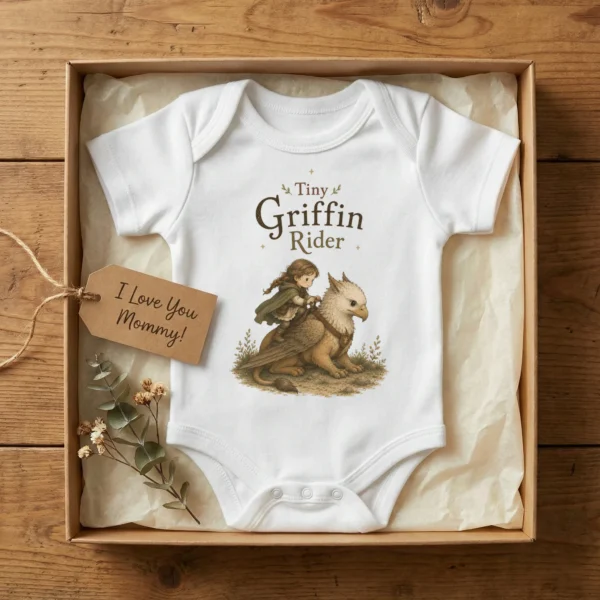 Tiny Griffin Rider Baby Bodysuit, Boy or Girl Fantasy — baby bodysuit mockup tiny griffin rider baby bodysuit styled product photo