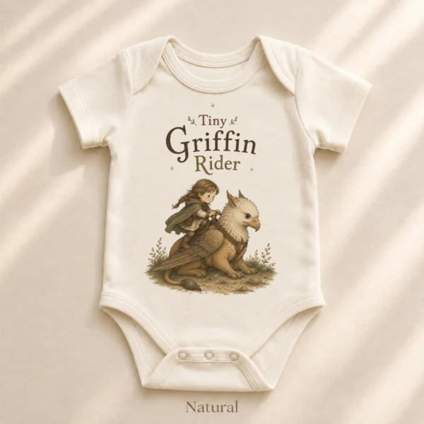 Tiny Griffin Rider Baby Bodysuit, Boy or Girl Fantasy — alternate product mockup tiny griffin rider baby bodysuit alternate angle