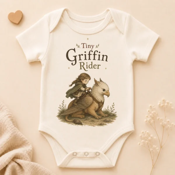 Tiny Griffin Rider Baby Bodysuit, Boy or Girl Fantasy — alternate product mockup tiny griffin rider baby bodysuit product photo