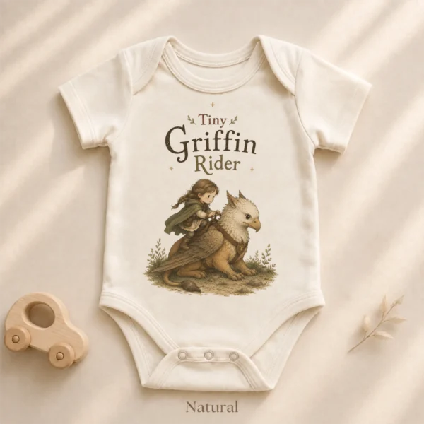 Tiny Griffin Rider Baby Bodysuit, Boy or Girl Fantasy — alternate product mockup tiny griffin rider baby bodysuit product photo