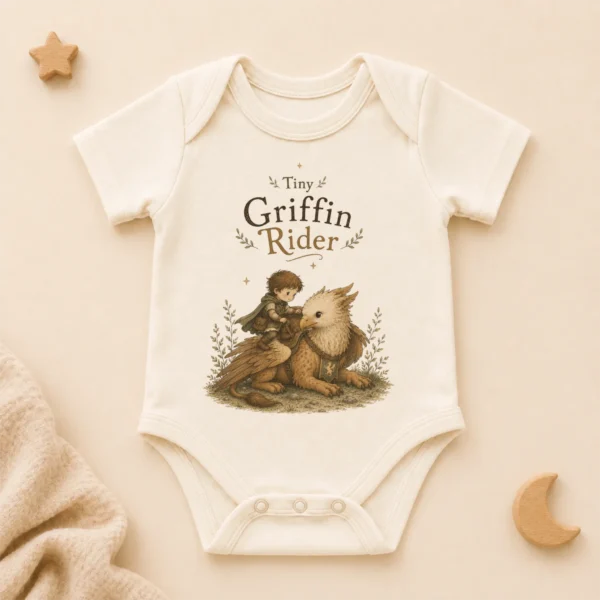 Tiny Griffin Rider Baby Bodysuit, Boy or Girl Fantasy — alternate product mockup tiny griffin rider baby bodysuit alternate angle