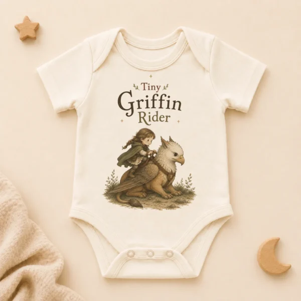 Tiny Griffin Rider Baby Bodysuit, Boy or Girl Fantasy — alternate product mockup tiny griffin rider baby bodysuit product photo