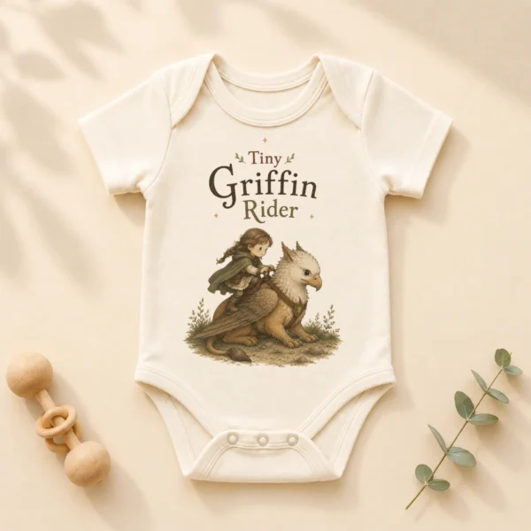 Tiny Griffin Rider Baby Bodysuit, Boy or Girl Fantasy — alternate product mockup tiny griffin rider baby bodysuit product photo