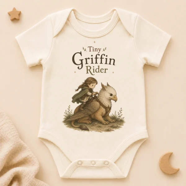 Tiny Griffin Rider Baby Bodysuit, Boy or Girl Fantasy — alternate product mockup tiny griffin rider baby bodysuit product photo