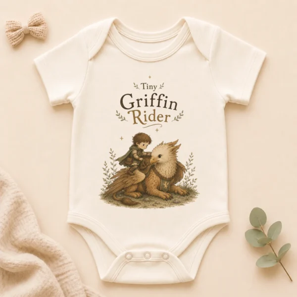 Tiny Griffin Rider Baby Bodysuit, Boy or Girl Fantasy — alternate product mockup tiny griffin rider baby bodysuit product photo
