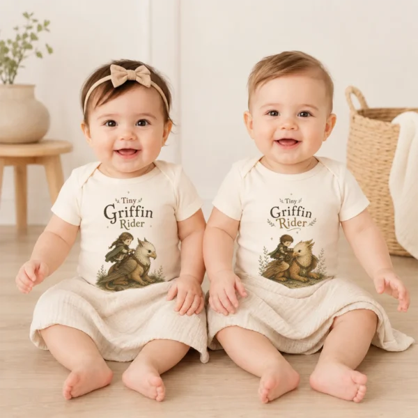 Tiny Griffin Rider Baby Bodysuit, Boy or Girl Fantasy — baby bodysuit mockup tiny griffin rider baby bodysuit model mockup