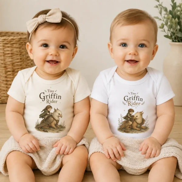 Tiny Griffin Rider Baby Bodysuit, Boy or Girl Fantasy — baby bodysuit mockup tiny griffin rider baby bodysuit model mockup