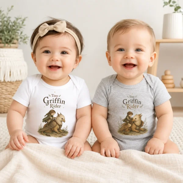 Tiny Griffin Rider Baby Bodysuit, Boy or Girl Fantasy — baby bodysuit mockup tiny griffin rider baby bodysuit model mockup