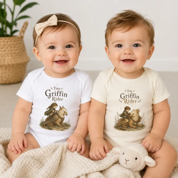 Tiny Griffin Rider Baby Bodysuit, Boy or Girl Fantasy — baby bodysuit mockup tiny griffin rider baby bodysuit model mockup