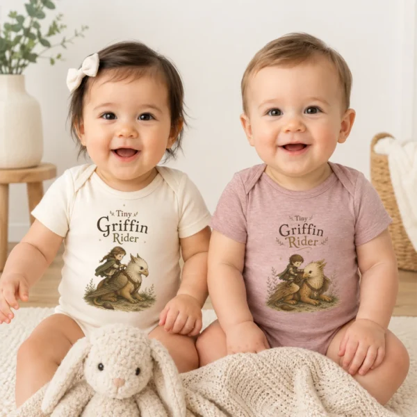 Tiny Griffin Rider Baby Bodysuit, Boy or Girl Fantasy — baby bodysuit mockup tiny griffin rider baby bodysuit model mockup