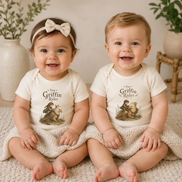 Tiny Griffin Rider Baby Bodysuit, Boy or Girl Fantasy — baby bodysuit mockup tiny griffin rider baby bodysuit model mockup