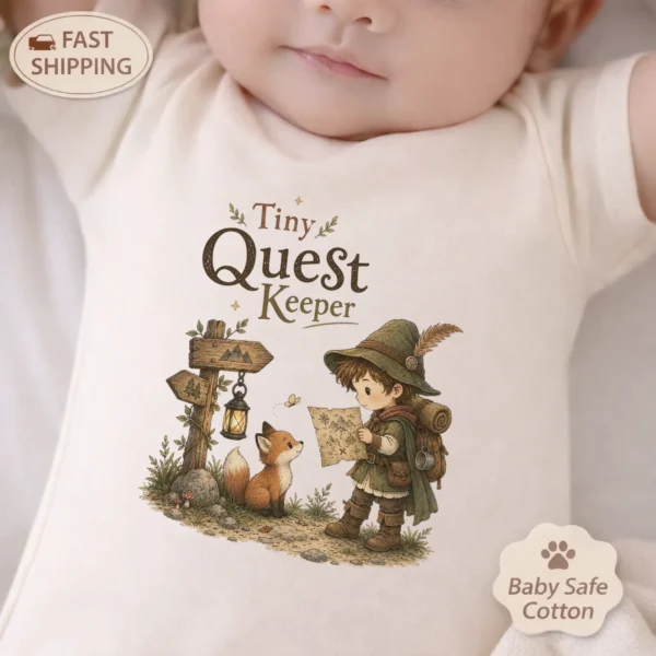 Tiny Quest Keeper Baby Bodysuit, Storybook Fantasy Boy or Girl — baby bodysuit mockup tiny quest keeper baby bodysuit product photo