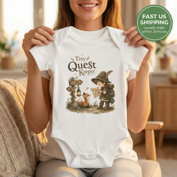 Tiny Quest Keeper Baby Bodysuit, Storybook Fantasy Boy or Girl — baby bodysuit mockup tiny quest keeper baby bodysuit mockup view