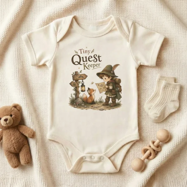 Tiny Quest Keeper Baby Bodysuit, Storybook Fantasy Boy or Girl — baby bodysuit mockup tiny quest keeper baby bodysuit product photo
