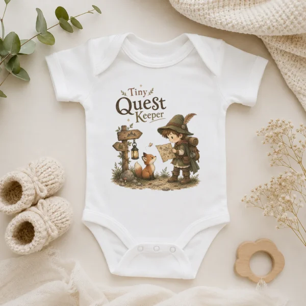 Tiny Quest Keeper Baby Bodysuit, Storybook Fantasy Boy or Girl — alternate product mockup tiny quest keeper baby bodysuit product photo