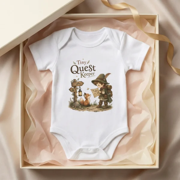 Tiny Quest Keeper Baby Bodysuit, Storybook Fantasy Boy or Girl — baby bodysuit mockup tiny quest keeper baby bodysuit close-up detail