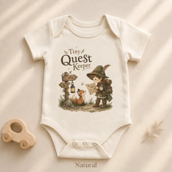 Tiny Quest Keeper Baby Bodysuit, Storybook Fantasy Boy or Girl — alternate product mockup tiny quest keeper baby bodysuit product photo