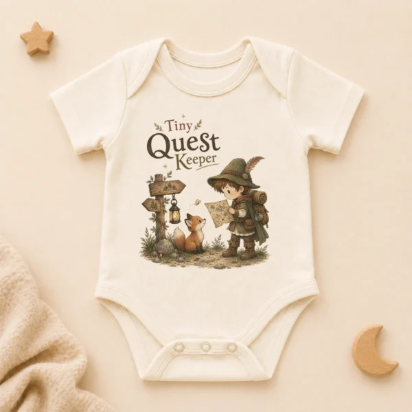 Tiny Quest Keeper Baby Bodysuit, Storybook Fantasy Boy or Girl — alternate product mockup tiny quest keeper baby bodysuit product photo