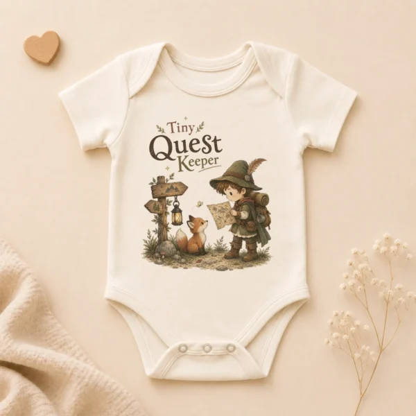 Tiny Quest Keeper Baby Bodysuit, Storybook Fantasy Boy or Girl — alternate product mockup tiny quest keeper baby bodysuit product photo