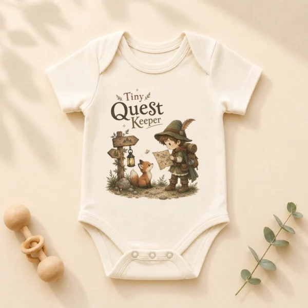 Tiny Quest Keeper Baby Bodysuit, Storybook Fantasy Boy or Girl — alternate product mockup tiny quest keeper baby bodysuit product photo