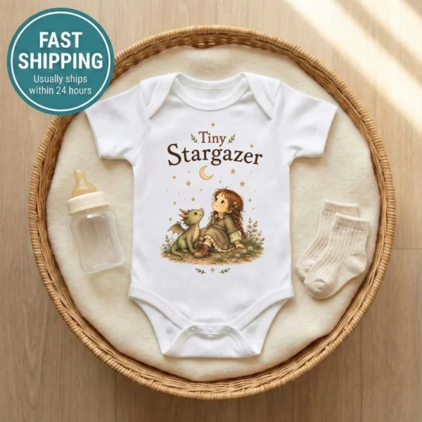 Tiny Stargazer Baby Bodysuit or Toddler Shirt, Celestial Storybook — baby bodysuit mockup tiny stargazer baby bodysuit front view