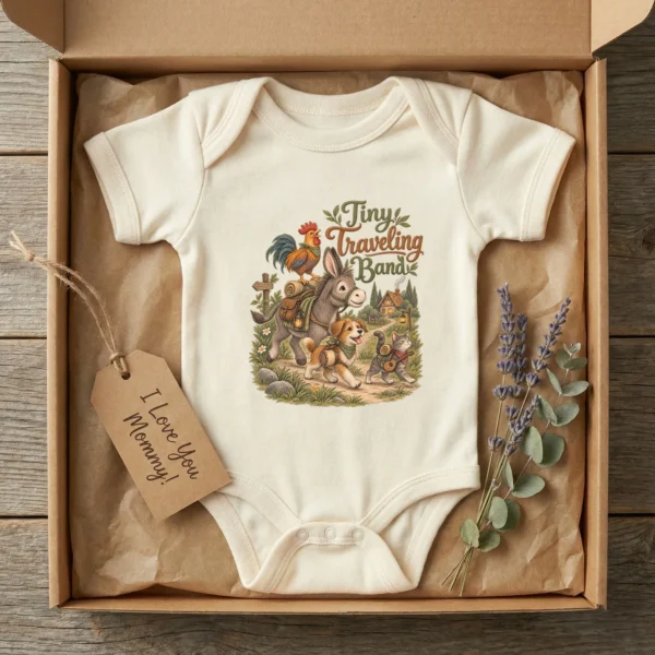 Tiny Traveling Band Baby Bodysuit or Toddler Shirt — baby bodysuit mockup tiny traveling band baby bodysuit product photo