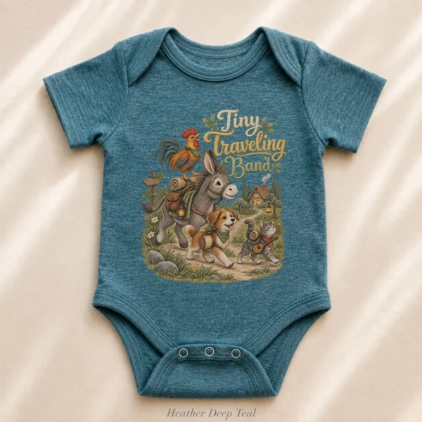 Tiny Traveling Band Baby Bodysuit or Toddler Shirt — alternate product mockup tiny traveling band baby bodysuit front view