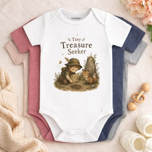 Tiny Treasure Seeker Baby Bodysuit, Boy or Girl — baby bodysuit mockup tiny treasure seeker baby bodysuit color options