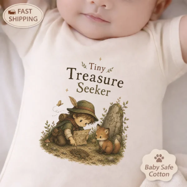 Tiny Treasure Seeker Baby Bodysuit, Boy or Girl — baby bodysuit mockup tiny treasure seeker baby bodysuit alternate angle