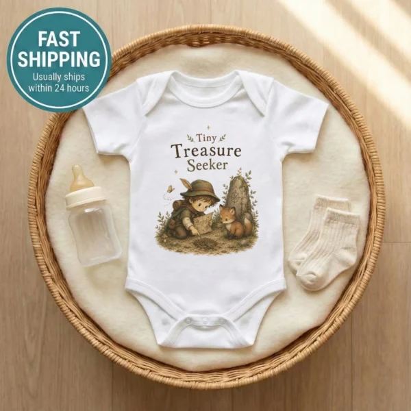 Tiny Treasure Seeker Baby Bodysuit, Boy or Girl — baby bodysuit mockup tiny treasure seeker baby bodysuit front view