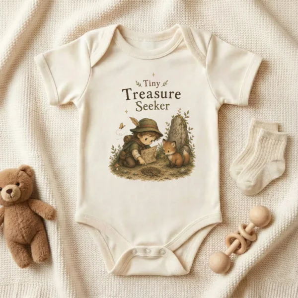 Tiny Treasure Seeker Baby Bodysuit, Boy or Girl — baby bodysuit mockup tiny treasure seeker baby bodysuit product photo