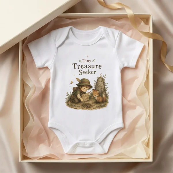 Tiny Treasure Seeker Baby Bodysuit, Boy or Girl — baby bodysuit mockup tiny treasure seeker baby bodysuit mockup view