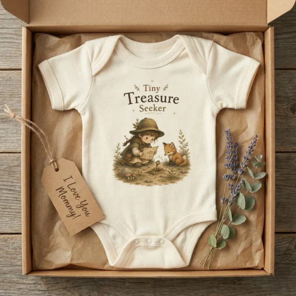 Tiny Treasure Seeker Baby Bodysuit, Boy or Girl — baby bodysuit mockup tiny treasure seeker baby bodysuit lifestyle scene