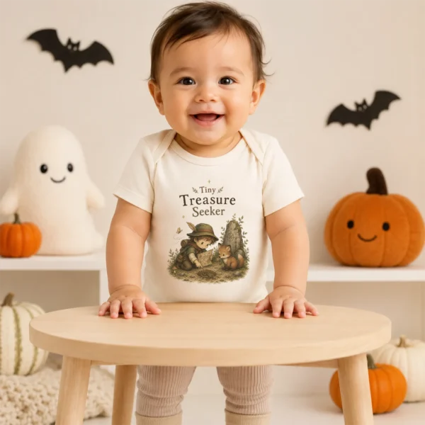 Tiny Treasure Seeker Baby Bodysuit, Boy or Girl — baby bodysuit mockup tiny treasure seeker baby bodysuit product photo