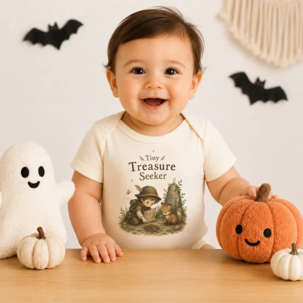 Tiny Treasure Seeker Baby Bodysuit, Boy or Girl — baby bodysuit mockup tiny treasure seeker baby bodysuit product photo