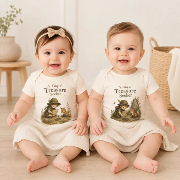 Tiny Treasure Seeker Baby Bodysuit, Boy or Girl — baby bodysuit mockup tiny treasure seeker baby bodysuit model mockup