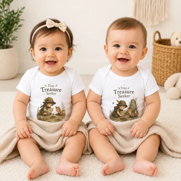 Tiny Treasure Seeker Baby Bodysuit, Boy or Girl — baby bodysuit mockup tiny treasure seeker baby bodysuit model mockup